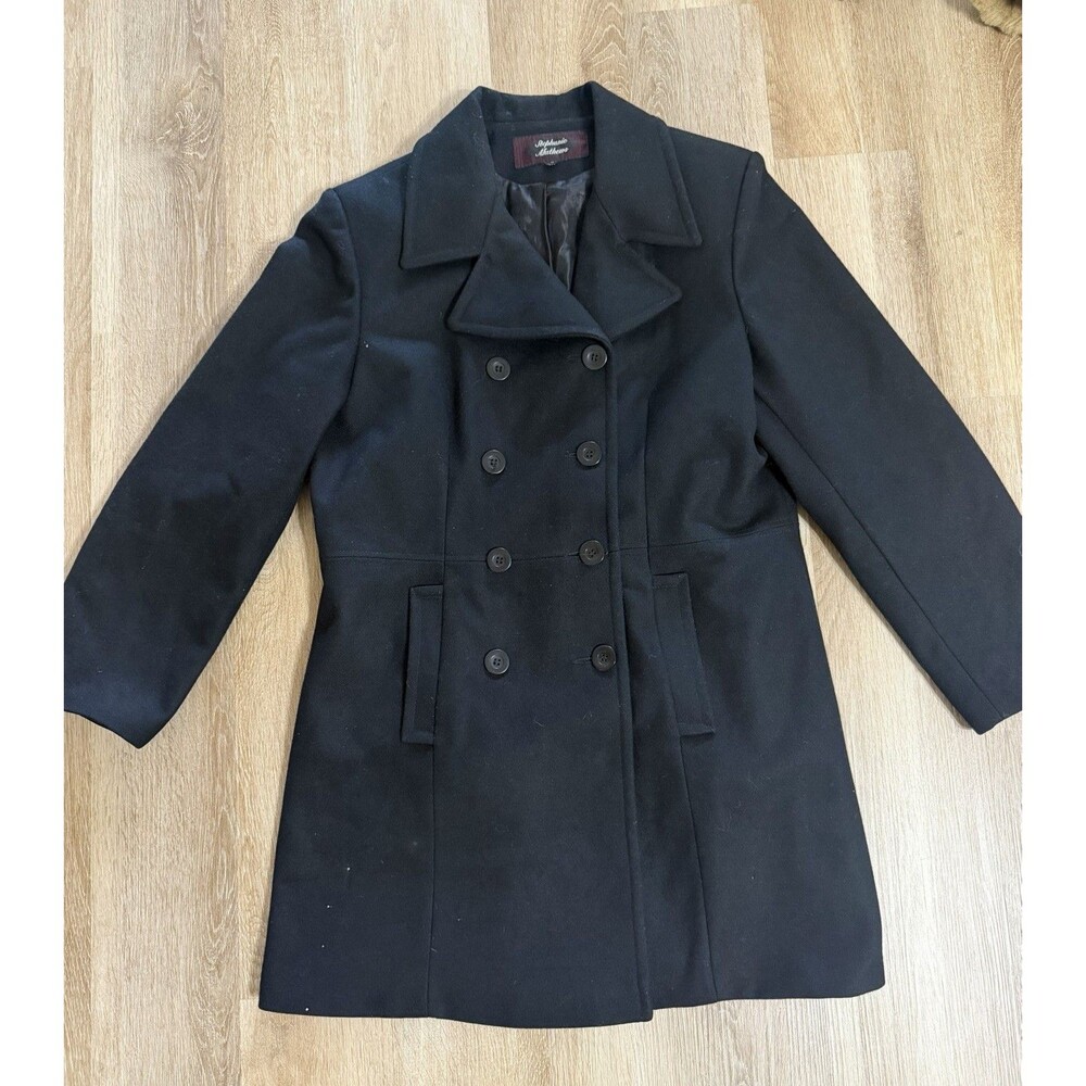 Vintage Stephanie Mathews Black Wool Double Breasted Trench Coat Size Large